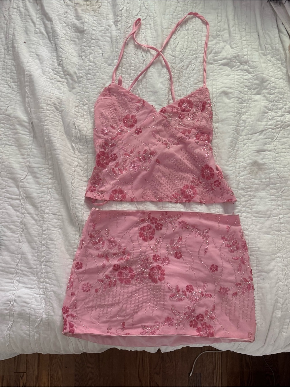 emory park Pink Beaded Floral Two-Piece Dress Set
